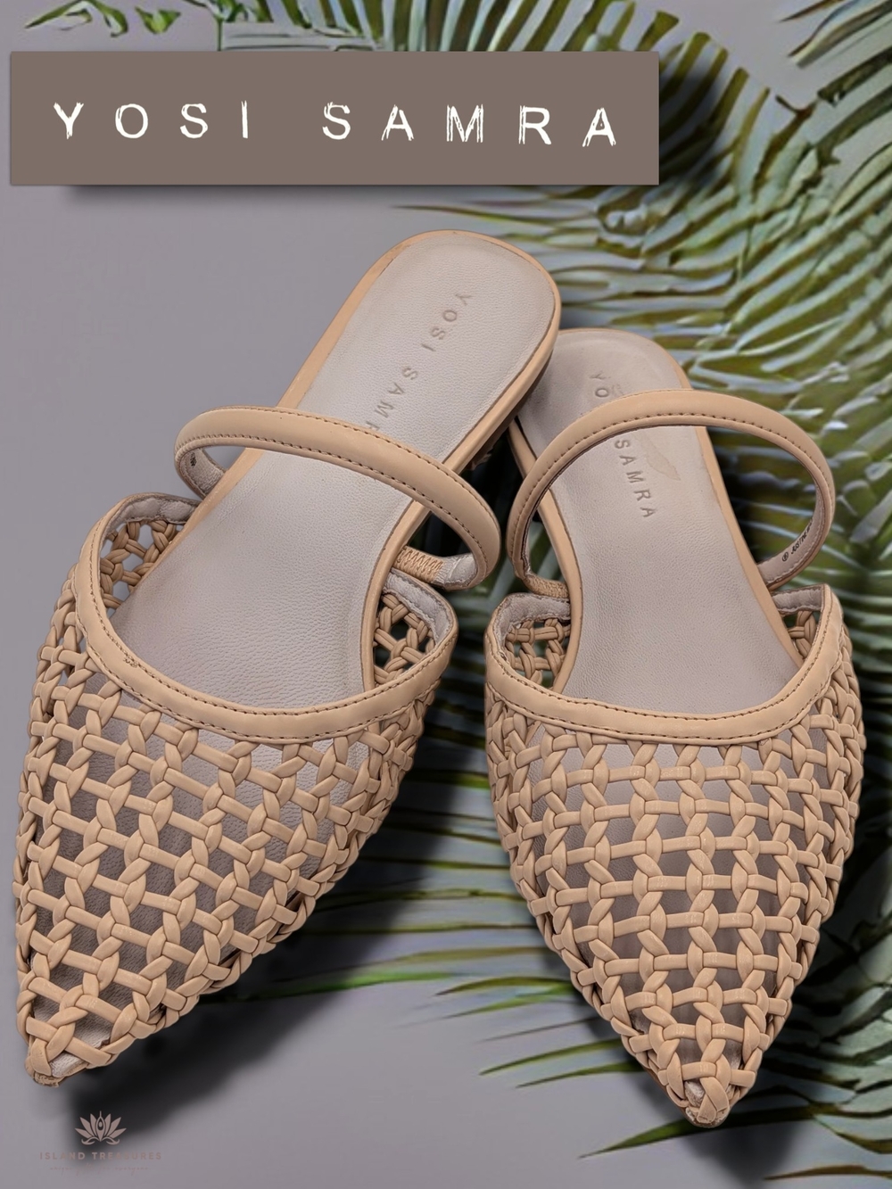 Yosi Samra Justine Sz 9 Pointed Toe Handwoven Leather Mule Flat Sandal Tan